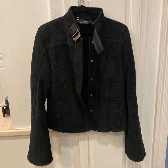 Gucci Tom Ford Fall Winter 2003 Black Suede Shearling Jacket Coat Y2K Vintage - Picture 9 of 16